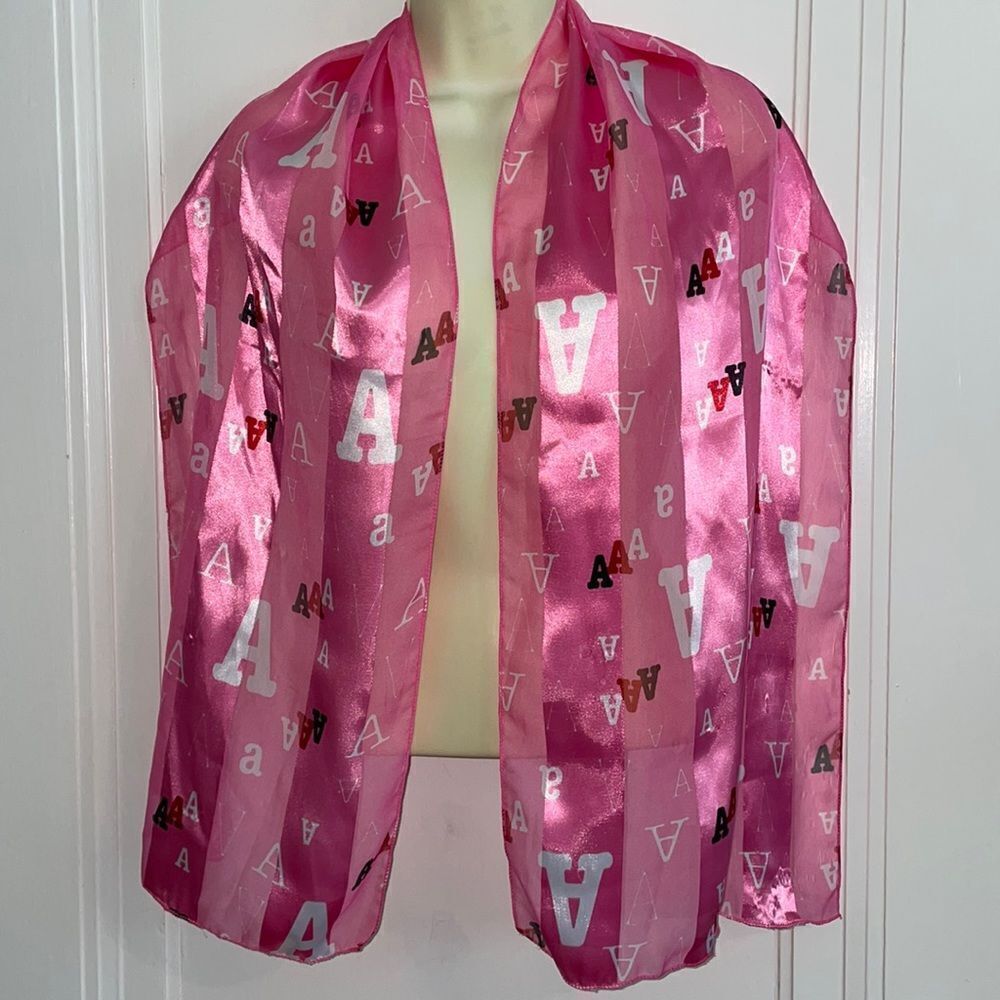 Space Age Inc pink polyester scarf with letter A all over it